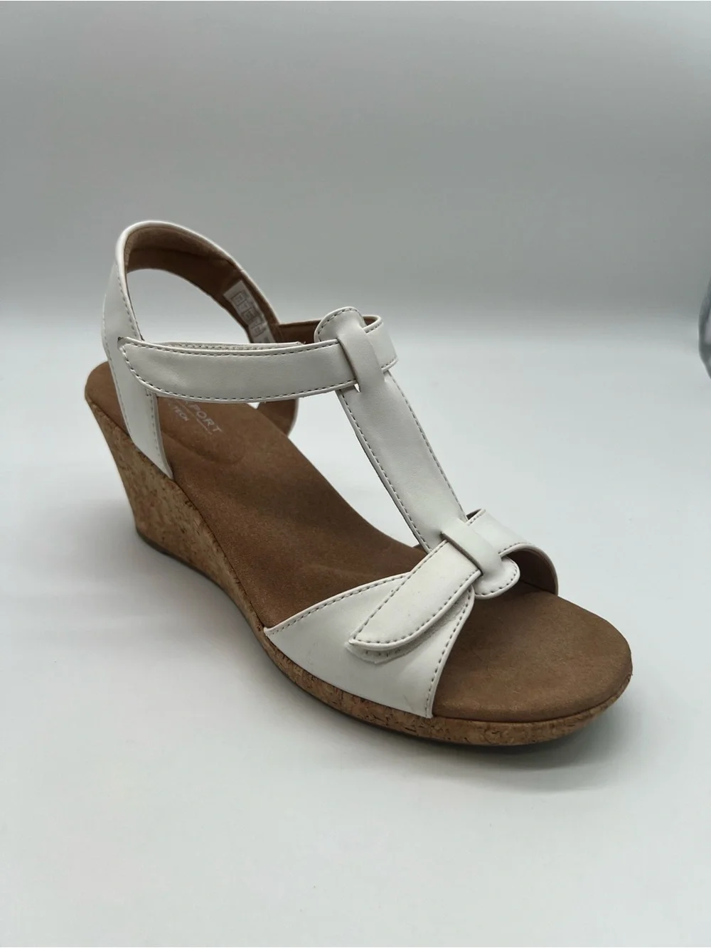 Rockport White T-Strap Cork Wedge Sandals